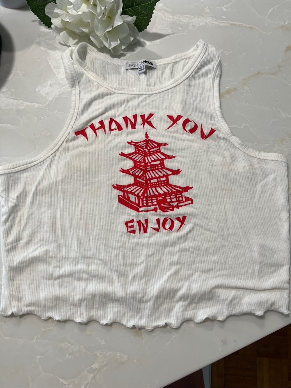 Fashion Nova White Ribbed Crop Tank with Red Pagoda Graphic